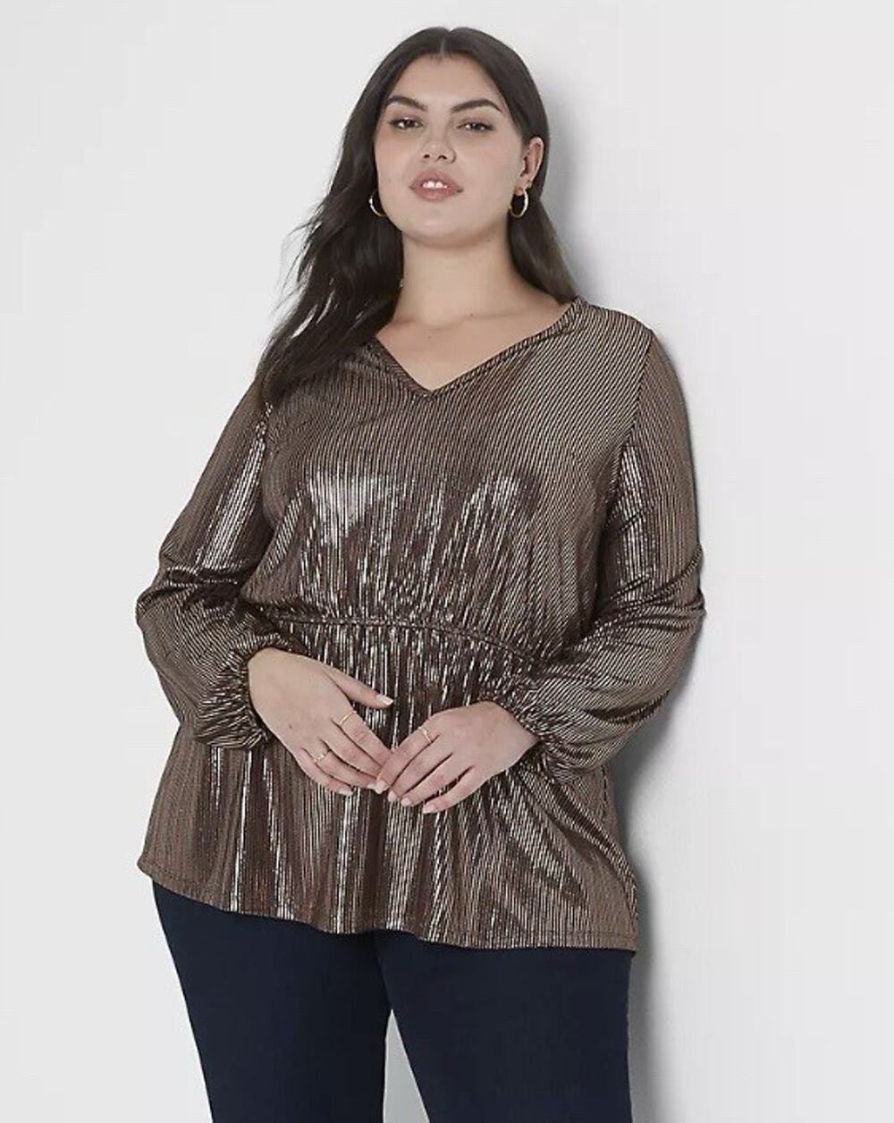 Lane Bryant Bronze metallic Ribbed V-neck Long Sleeve Peplum Top Size 22/24